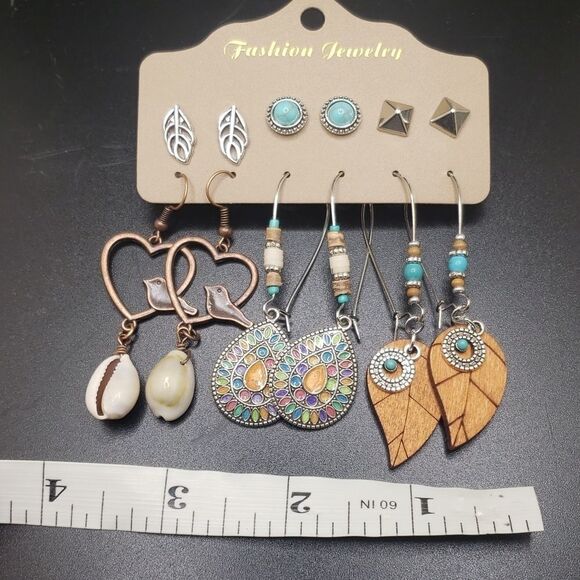 Bohemian earrings heart pookah seashell turquoise dove leaf - Picture 4 of 5